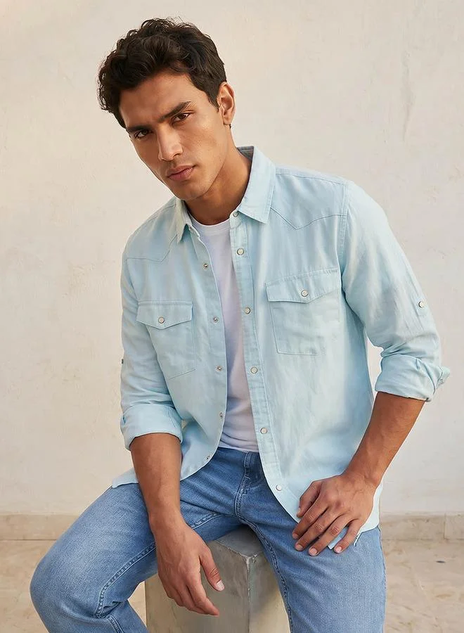 Lee Cooper Lee Cooper Men Regular Fit Collared Long Sleeves Linen Shirt
