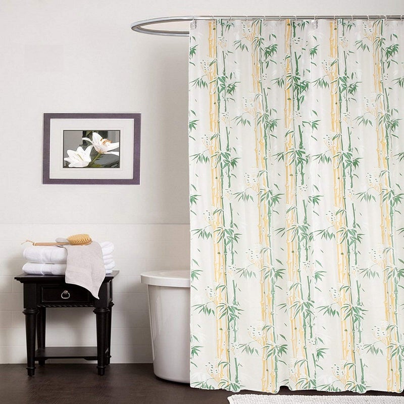SHAVIN PVC Bamboo Printed Bathroom Shower Curtain with Hooks (54 x 84 Inches, Green) - Image 1