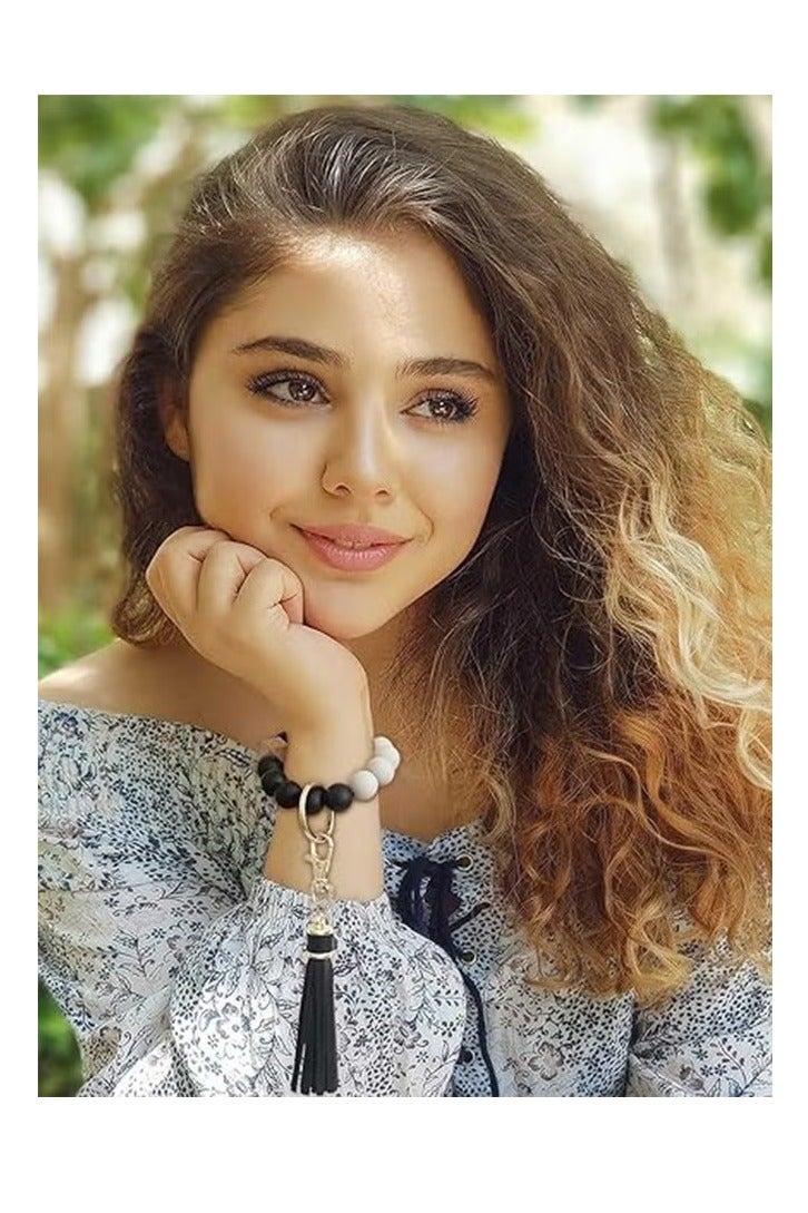 سلسلة مفاتيح على شكل سوار من خرز السيليكون مع سلسلة مفاتيح وسلسلة أساور للنساء مع شرابة جلدية - Image 2