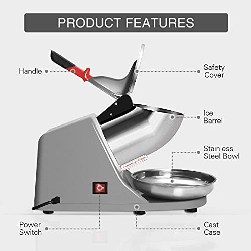 XENGVA Electric Ice Crusher Machine | Ice Gola Maker | Dish Gola Machine Home | Ice Shaver Prevent Splash Electric 3 Blades Snow Cone Maker Stainless Steel Shaved Ice Machine 300W 220lbs/hr (1) - Image 3