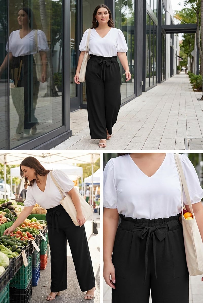 OLRIK Plus Size Womens Clothing, High Waisted Wide Leg Pants with Pockets 2026 Spring Fashion Black-4X - Image 4