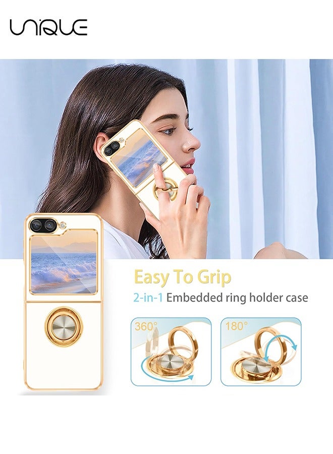 Unique For Samsung Galaxy Z Flip 6 Case - With 360° Rotatable Ring Bracket - [Magnetic Car Holder] For Samsung Z Flip 6 Shockproof Phone Case (White) - Image 3