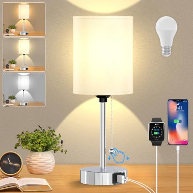 Table lamp for Bedroom, 3 Color Temperatures Bedside Lamps with USB C and A Ports, Pull Chain Table Lamps, Nightstand Lamps with Black Metal Base for Reading - Image 2