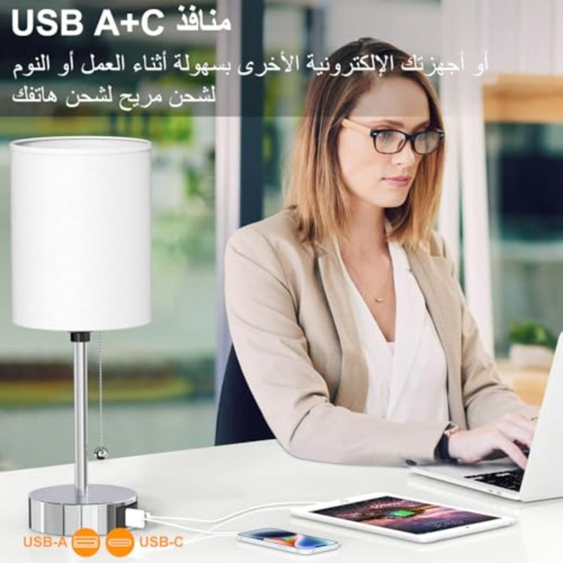 Table lamp for Bedroom, 3 Color Temperatures Bedside Lamps with USB C and A Ports, Pull Chain Table Lamps, Nightstand Lamps with Black Metal Base for Reading - Image 4