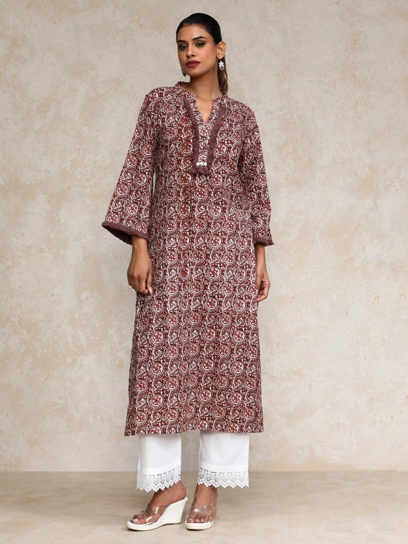 Varanga Women Ethnic Floral Printed Straight Kurta Brown - Image 2