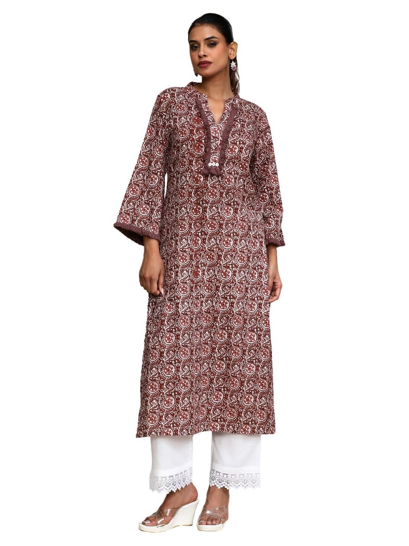 Varanga Women Ethnic Floral Printed Straight Kurta Brown - Image 1
