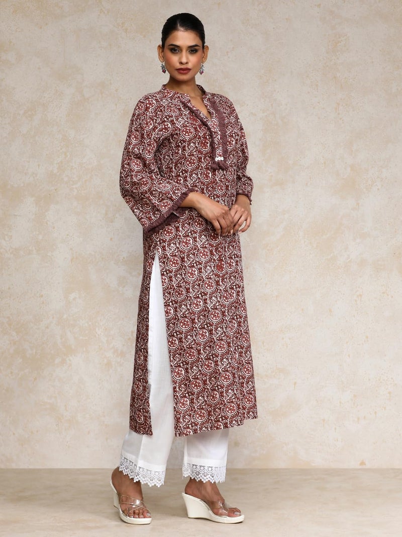 Varanga Women Ethnic Floral Printed Straight Kurta Brown - Image 3