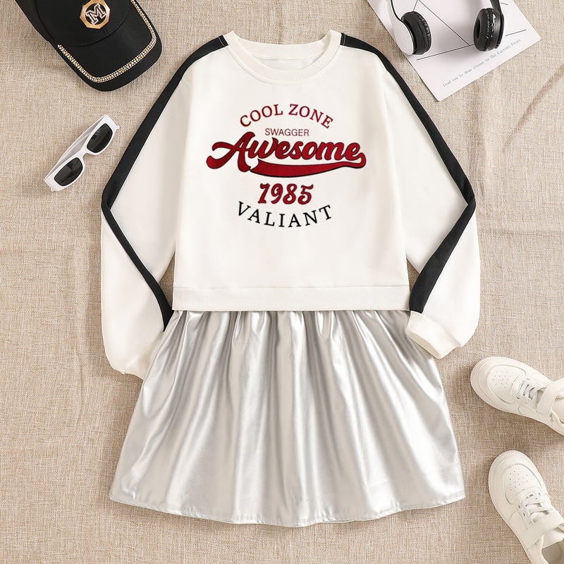 Girls' College Style Sweatshirt Dress Korean Version Fake Two-Piece Patchwork Leather Dress Autumn Long-Sleeve Children'S Dress - Image 1