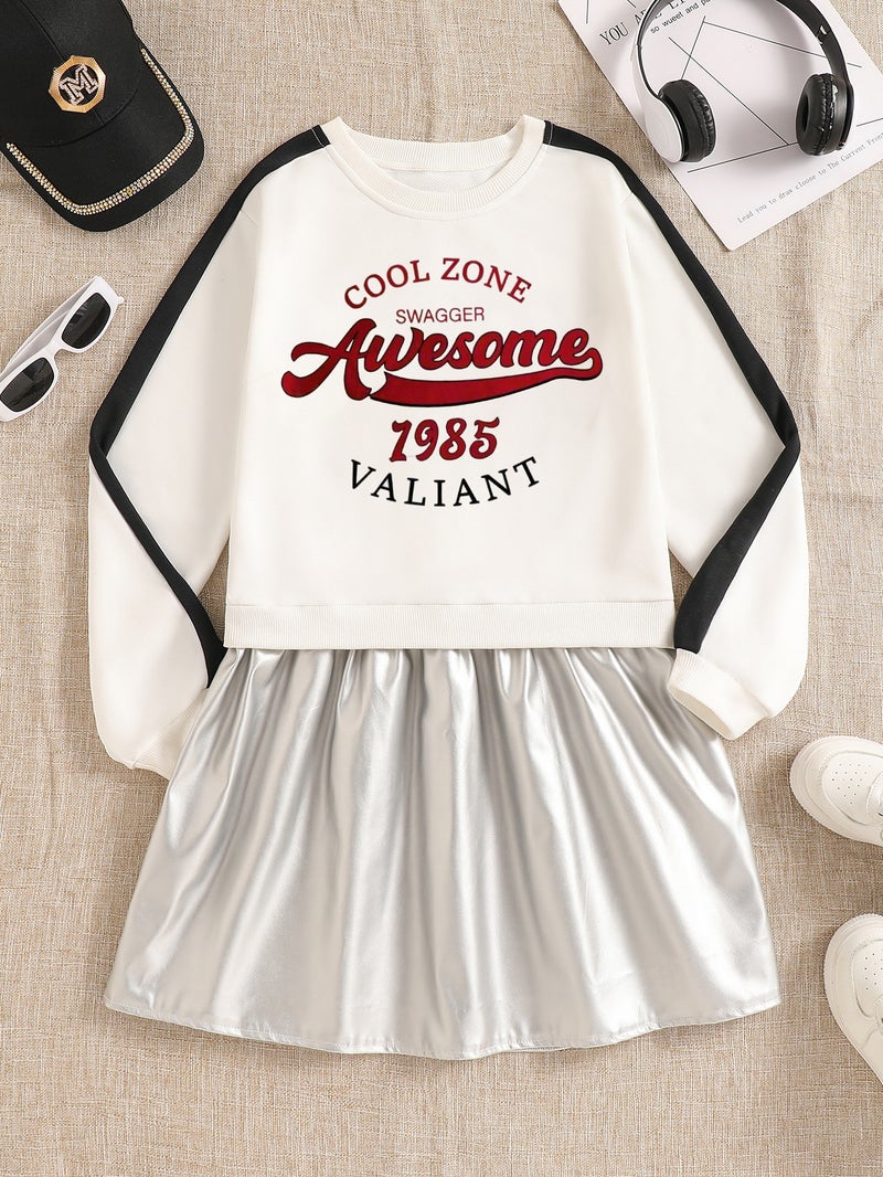 Girls' College Style Sweatshirt Dress Korean Version Fake Two-Piece Patchwork Leather Dress Autumn Long-Sleeve Children'S Dress - Image 2