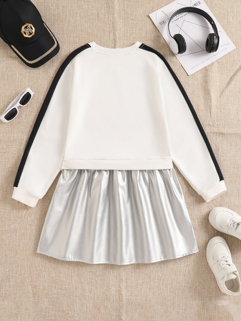 Girls' College Style Sweatshirt Dress Korean Version Fake Two-Piece Patchwork Leather Dress Autumn Long-Sleeve Children'S Dress - Image 3