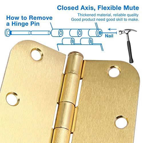 JIW Door Hinges Satin Brass 3.5 Inch x 3.5" Interior Gold Door Hinges for Doors 12 Pack Brushed Brass Door Hinges 3-1/2" Rounded 5/8"Radius Corners Bedroom Residential Standard Indoor Door Hardware Hinge - Image 3