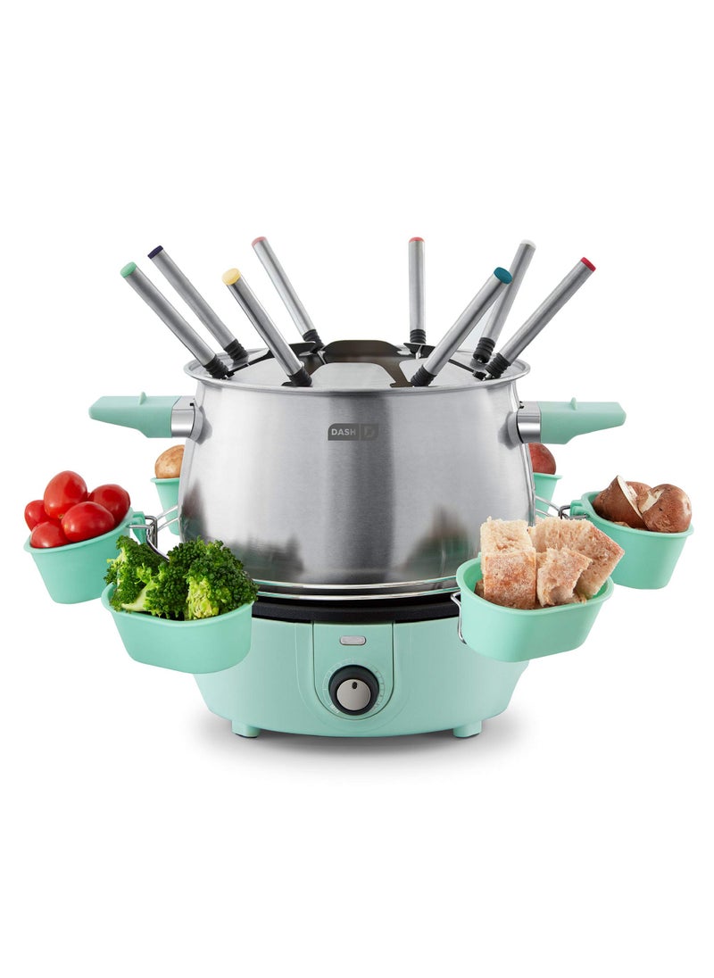 Dash Dash Deluxe Stainless Steel Fondue Maker with Temperature Control Fondue Forks Cups and Rack with Recipe Guide Included 3Quart NonStick  Aqua 