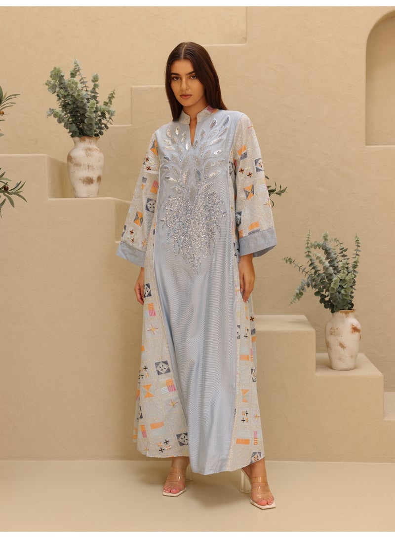 IKKXA Luxury Geometric Details Sequin Front Jalabiya IK4018 Blue - Image 1