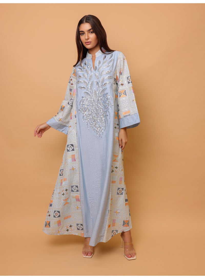 IKKXA Luxury Geometric Details Sequin Front Jalabiya IK4018 Blue - Image 5