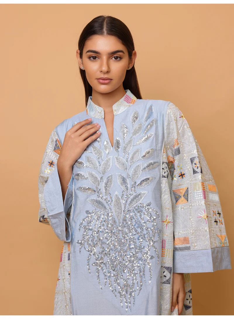 IKKXA Luxury Geometric Details Sequin Front Jalabiya IK4018 Blue