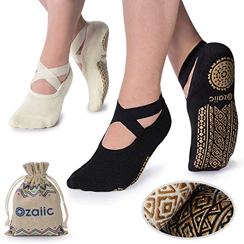 Ozaiic Yoga Socks for Women Non-Slip Grips & Straps, Ideal for Pilates, Pure Barre, Ballet, Dance, Barefoot Workout (2 Pairs- Black/Beige（1st Anniversary edition）, one_size) - Image 1
