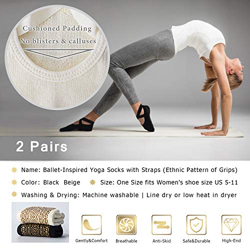 Ozaiic Yoga Socks for Women Non-Slip Grips & Straps, Ideal for Pilates, Pure Barre, Ballet, Dance, Barefoot Workout (2 Pairs- Black/Beige（1st Anniversary edition）, one_size) - Image 4