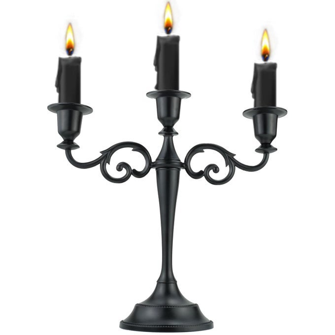 3 METAL CANDELABRA CANDLESTICKS HOLDER FOR FORMAL EVENTS WEDDING CHURCH HOLIDAY DCOR HALLOWEEN TAPER CANDLE HOLDER STAND CENTERPIECE ELEGANT DECORATION PIECE FOR TABLEPURE BLACK