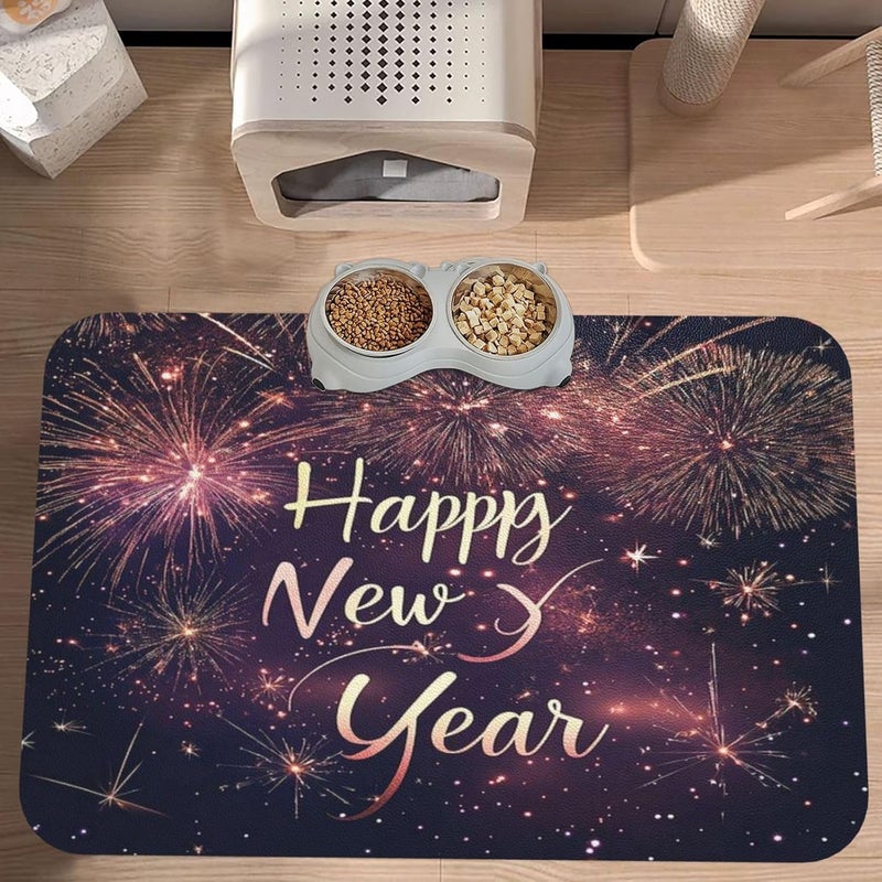 Pet Feeding Mat Happy New Year Pink Gold Text Gold Fireworks Starlight Dog Food Mat for Food Water No Stains Quick Dry Dispenser Cat Bowl Mats for Messy Drinkers 18X12In - Image 2