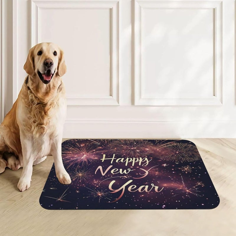 Pet Feeding Mat Happy New Year Pink Gold Text Gold Fireworks Starlight Dog Food Mat for Food Water No Stains Quick Dry Dispenser Cat Bowl Mats for Messy Drinkers 18X12In - Image 1