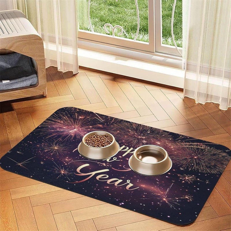 Pet Feeding Mat Happy New Year Pink Gold Text Gold Fireworks Starlight Dog Food Mat for Food Water No Stains Quick Dry Dispenser Cat Bowl Mats for Messy Drinkers 18X12In - Image 3