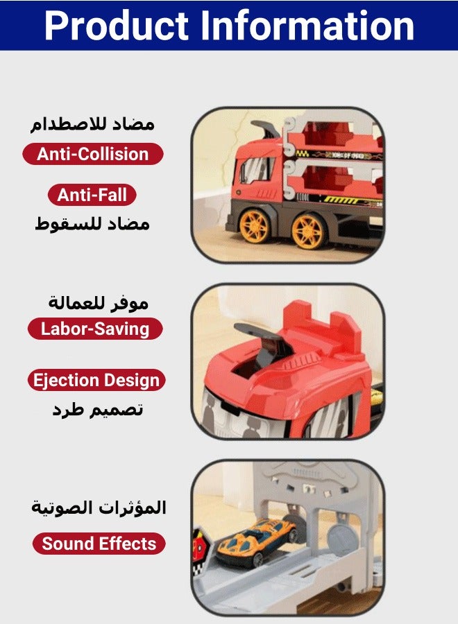 Racing Track Toy, Race Car Track Toy Truck Toy 3-Layer Foldable Car Race Track Playset Ejection Race Truck with 8 Alloy Cars Dual- Track Transport Car Carrier Toy Container Truck Toy for 3+ Years Boys Girls  - Image 4