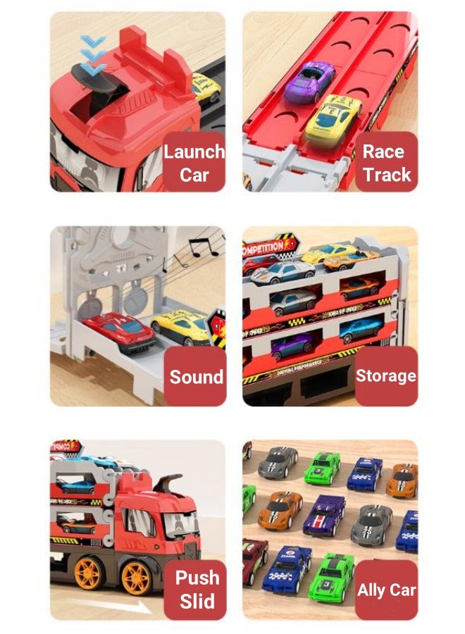 Racing Track Toy, Race Car Track Toy Truck Toy 3-Layer Foldable Car Race Track Playset Ejection Race Truck with 8 Alloy Cars Dual- Track Transport Car Carrier Toy Container Truck Toy for 3+ Years Boys Girls  - Image 5