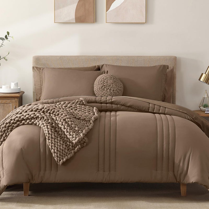 Monbix King Size Comforter Set - 7 Pieces Bed in a Bag King, Raw Umber Bedding Sets with Comforter, All Seasons Comforter Bed Set with Sheets, Pillowcases & Shams - Image 1