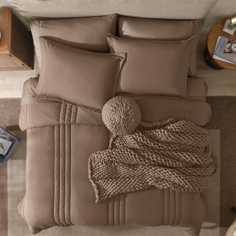Monbix King Size Comforter Set - 7 Pieces Bed in a Bag King, Raw Umber Bedding Sets with Comforter, All Seasons Comforter Bed Set with Sheets, Pillowcases & Shams - Image 5