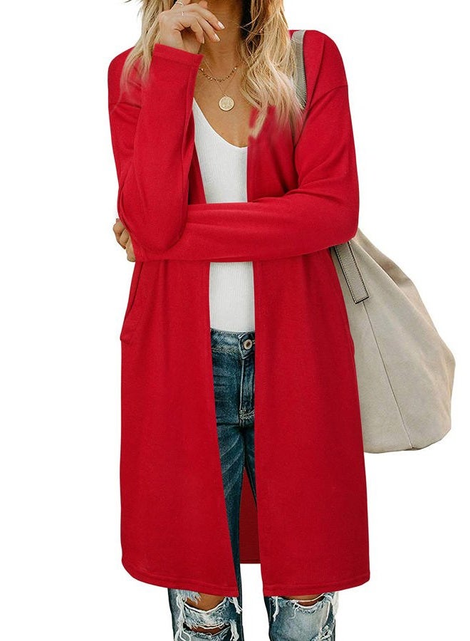 OUGES Women's Open Front Cardigan Shirt with Pockets Long Sleeve Lightweight Coat, Red, M - Image 1