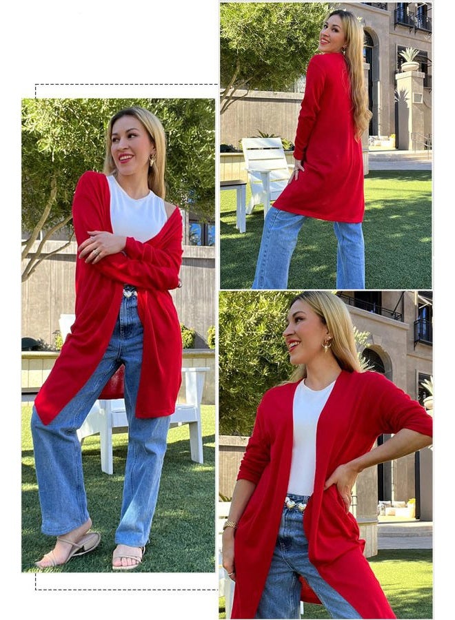 OUGES Women's Open Front Cardigan Shirt with Pockets Long Sleeve Lightweight Coat, Red, M - Image 3