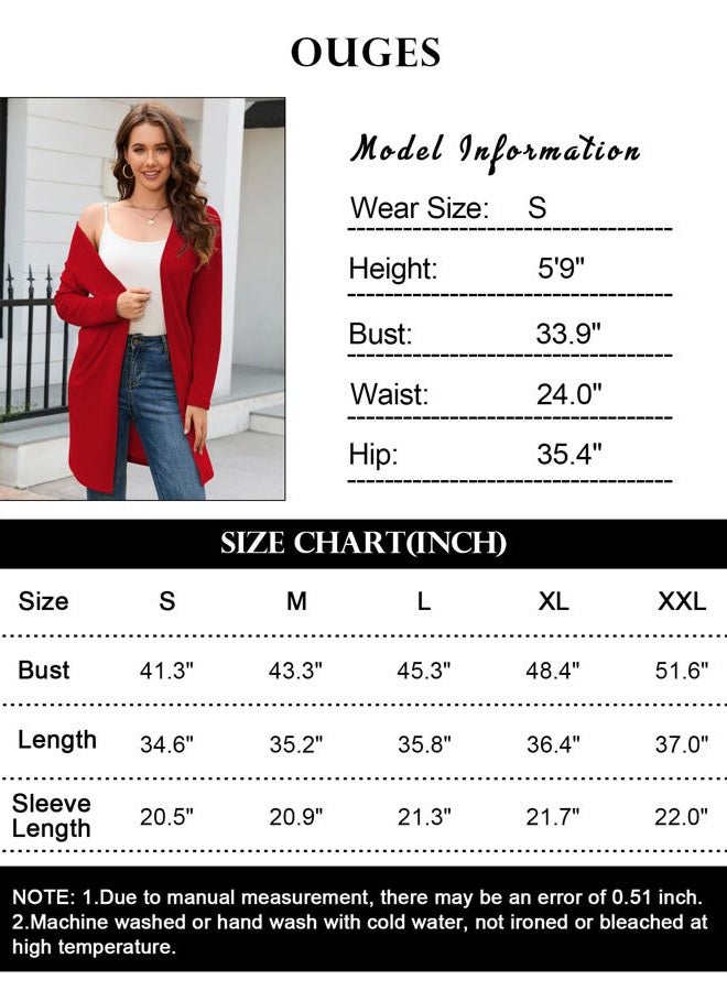 OUGES Women's Open Front Cardigan Shirt with Pockets Long Sleeve Lightweight Coat, Red, M - Image 4