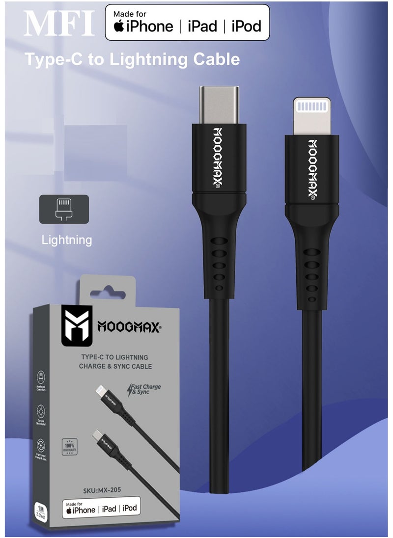 MOOGMAX - Type-c to lightning plastic charging and sync cable 1M supports fast charing certificated from Apple MFIblack from Moogmax - Image 1