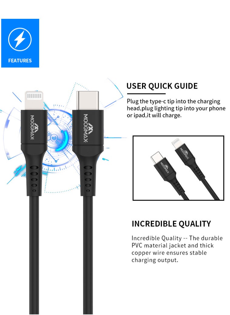 MOOGMAX - Type-c to lightning plastic charging and sync cable 1M supports fast charing certificated from Apple MFIblack from Moogmax - Image 1