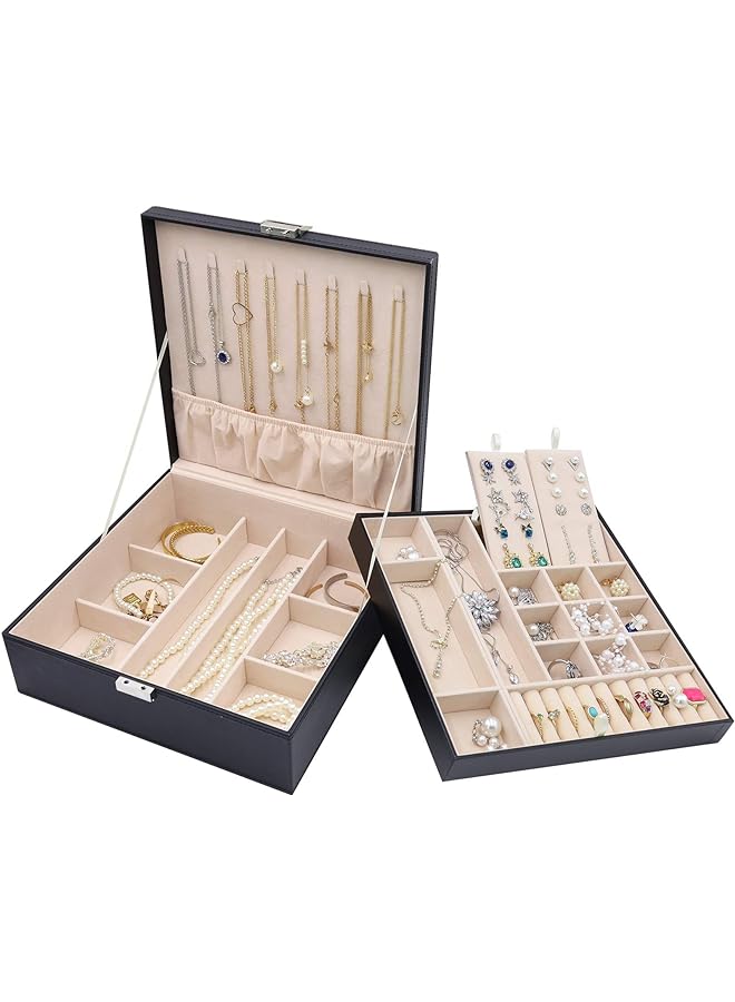 Procase صندوق مجوهرات للنساء والفتيات، حامل مجوهرات جلدي كبير مع تخزين من طبقتين لعرض الأقراط والأساور والخواتم والساعات - أسود - Image 1