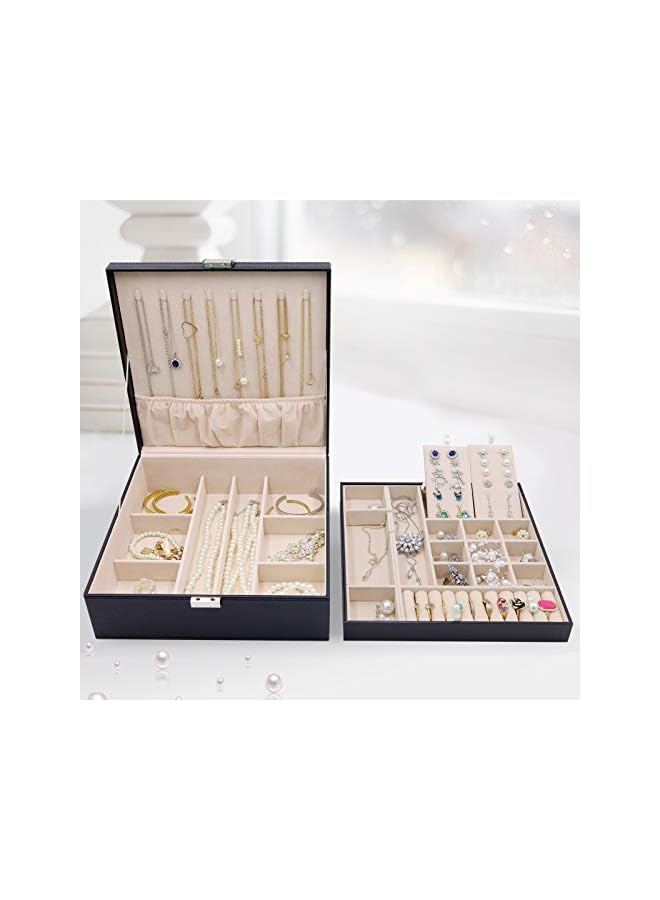 Procase صندوق مجوهرات للنساء والفتيات، حامل مجوهرات جلدي كبير مع تخزين من طبقتين لعرض الأقراط والأساور والخواتم والساعات - أسود - Image 2