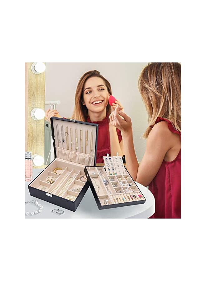 Procase صندوق مجوهرات للنساء والفتيات، حامل مجوهرات جلدي كبير مع تخزين من طبقتين لعرض الأقراط والأساور والخواتم والساعات - أسود - Image 3