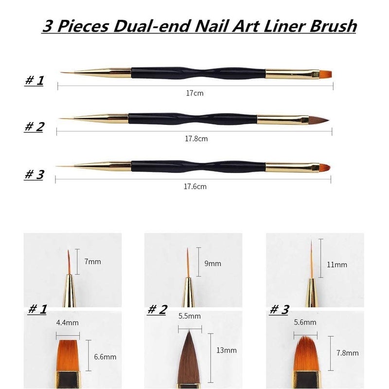 FULINJOY 3 Pcs Nail Drawing Pen, Dual End Nail Art Pen Brush Acrylic Round Flat Painting Drawing Liner Nail Tools - Image 2