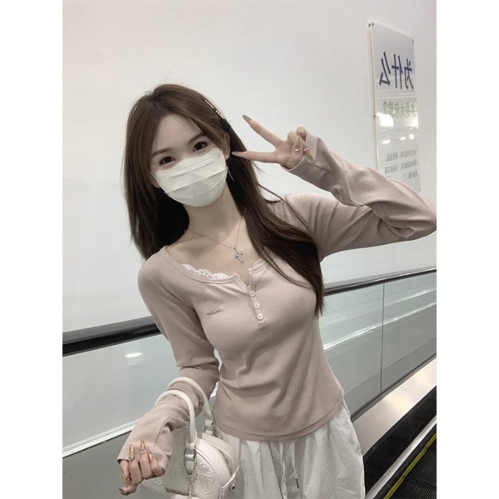 [Original Workmanship] Sweet Style Lace Stitching Half Open Collar Button Long Sleeve Base Shirt Womens Shoulder Top White - Image 2