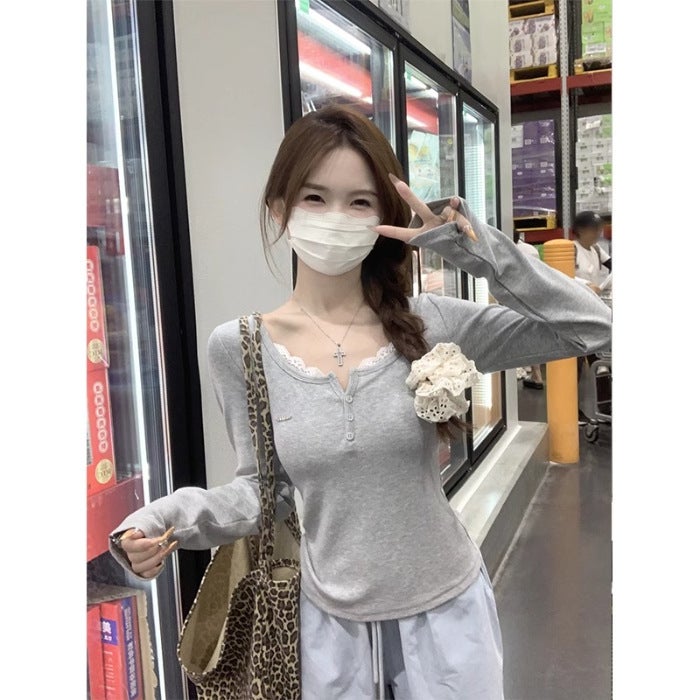 [Original Workmanship] Sweet Style Lace Stitching Half Open Collar Button Long Sleeve Base Shirt Womens Shoulder Top White - Image 3