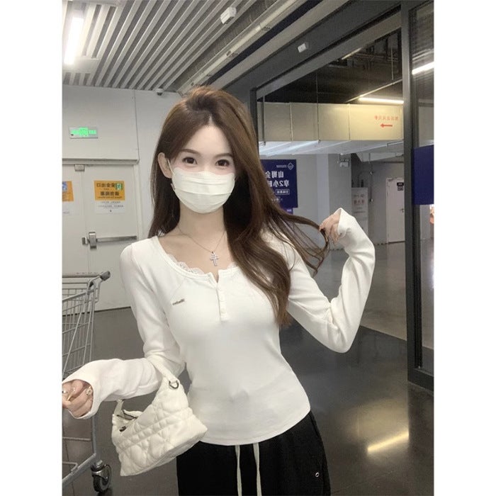 [Original Workmanship] Sweet Style Lace Stitching Half Open Collar Button Long Sleeve Base Shirt Womens Shoulder Top White - Image 1