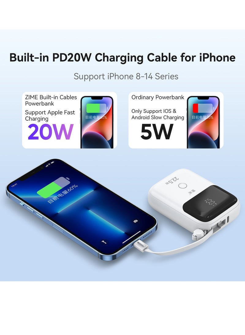 zime باور بانك زيم T137، شاحن محمول سريع الشحن بقوة 22.5 واط مع موصل مدمج وكابل USB-C، 1 USB-C، بطارية بسعة 10,000 مللي أمبير لهواتف آيفون 16/15/14/13، سامسونج، هواوي، شياومي - Image 2