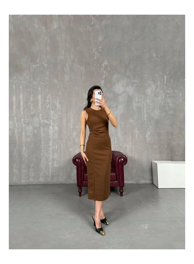 Gaus Coffee Side Mini Belt Detailed Dress Gaus00055.