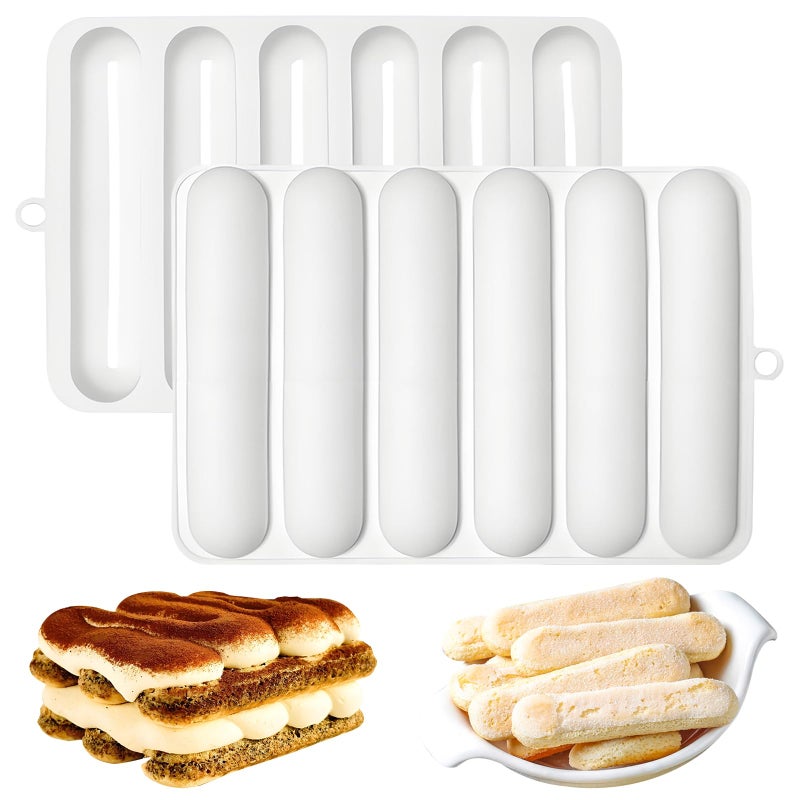 Fchil Silicone Eclair Mold 6Cavity Hot Dog Bun Pan Finger Biscuit Baking Tray for Chocolate Cracker Bar White Set of 2
