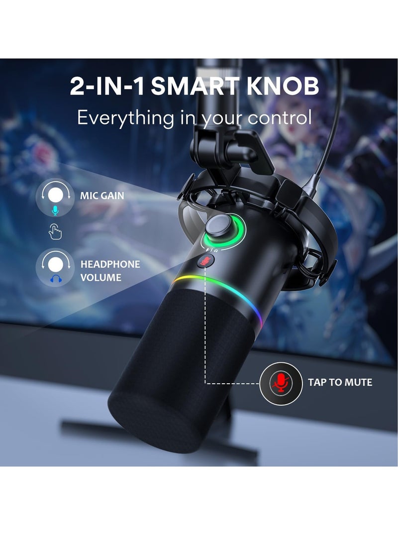 KASTWAVE XLR/USB Dynamic Microphone Kit, Gaming Microphone Set, RGB Podcast Mic with Software for Streaming, Gaming, Recording, Voice-Over, Metal Microphone with Mute, Headphone Jack, and so (Black) - Image 3