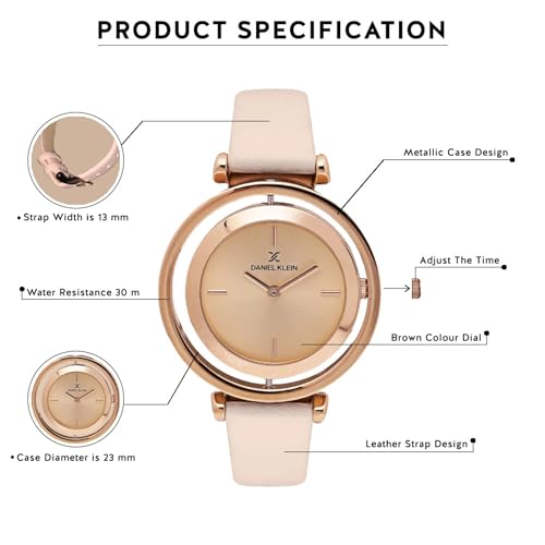 Daniel Klein Analog Round Dial Rose Gold Case Beige Leather Strap Water-Resistant Wrist Watch for Women Girls, Ladies DK11430-4 - Image 5