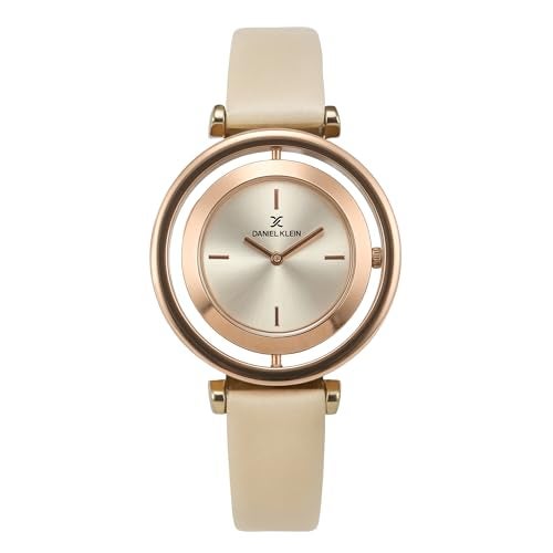 Daniel Klein Analog Round Dial Rose Gold Case Beige Leather Strap Water-Resistant Wrist Watch for Women Girls, Ladies DK11430-4 - Image 1