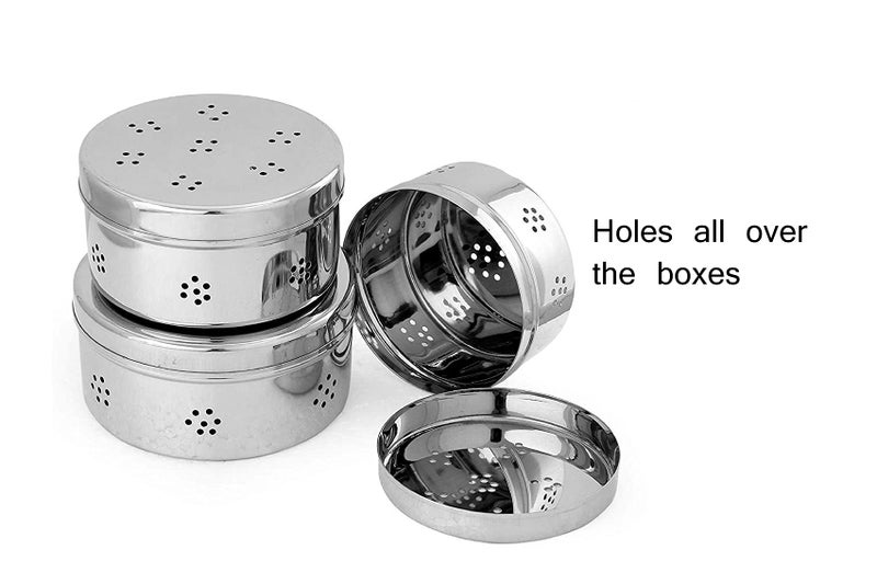 Dharam Paul Traders® Stainless Steel Dhaniya dibba, Coriander Storage Box,Hole Puri Dabbas/Sprout Maker/Flat Canisters with Air Ventilation Heavy Weight, Set of 3. - Image 5