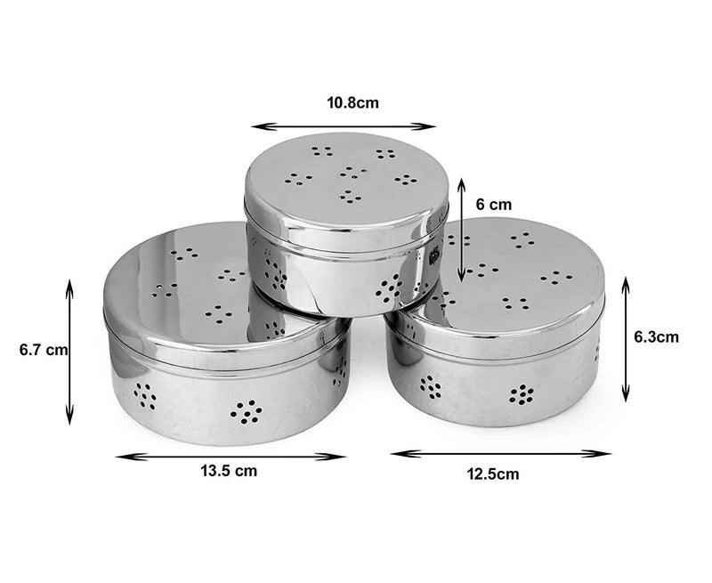 Dharam Paul Traders® Stainless Steel Dhaniya dibba, Coriander Storage Box,Hole Puri Dabbas/Sprout Maker/Flat Canisters with Air Ventilation Heavy Weight, Set of 3. - Image 3