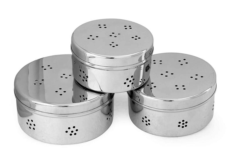 Dharam Paul Traders® Stainless Steel Dhaniya dibba, Coriander Storage Box,Hole Puri Dabbas/Sprout Maker/Flat Canisters with Air Ventilation Heavy Weight, Set of 3. - Image 2